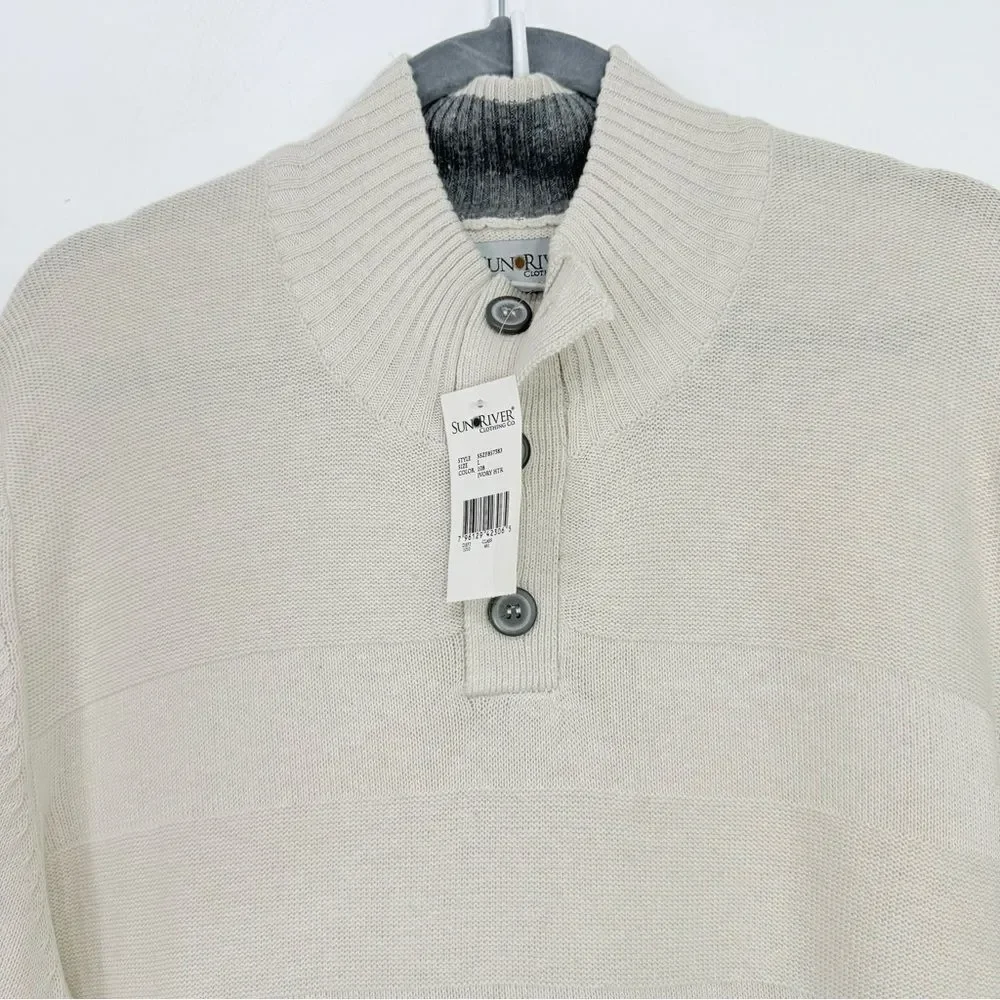 Sun River Clothing Co. Ivory Heather Quarter Button Cotton Pullover Sweater NEW